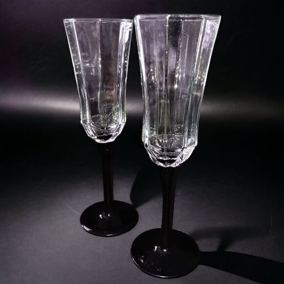 2 Luminarc Arcoroc Octime Domino Champagne Flutes Glasses France Set Black Stem. - Picture 8 of 16